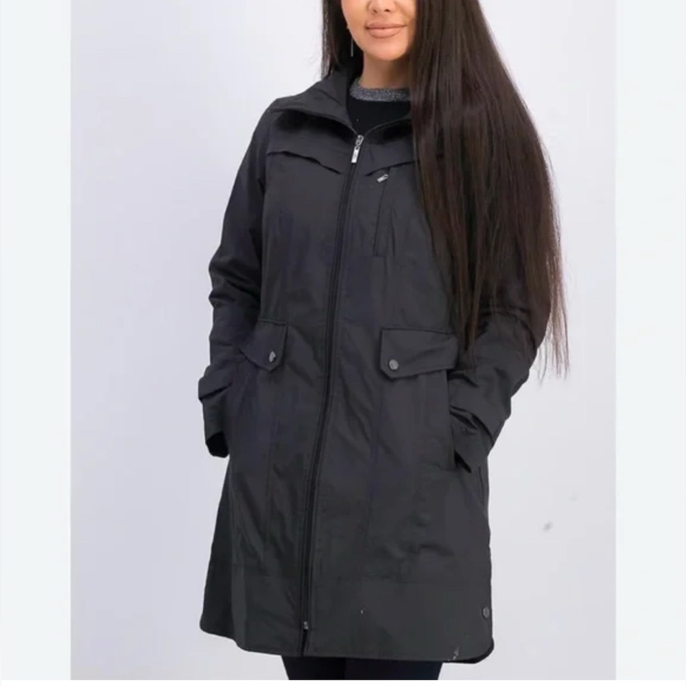 Like New Cole Haan Black Light Weight Trench Coat with High Collar & Hood